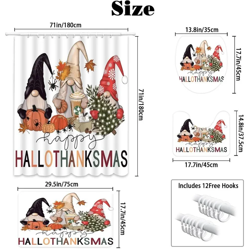 Eco-Friendly Halloween Gnome Shower Curtain Set with Non-Slip Rugs – 4Pcs
